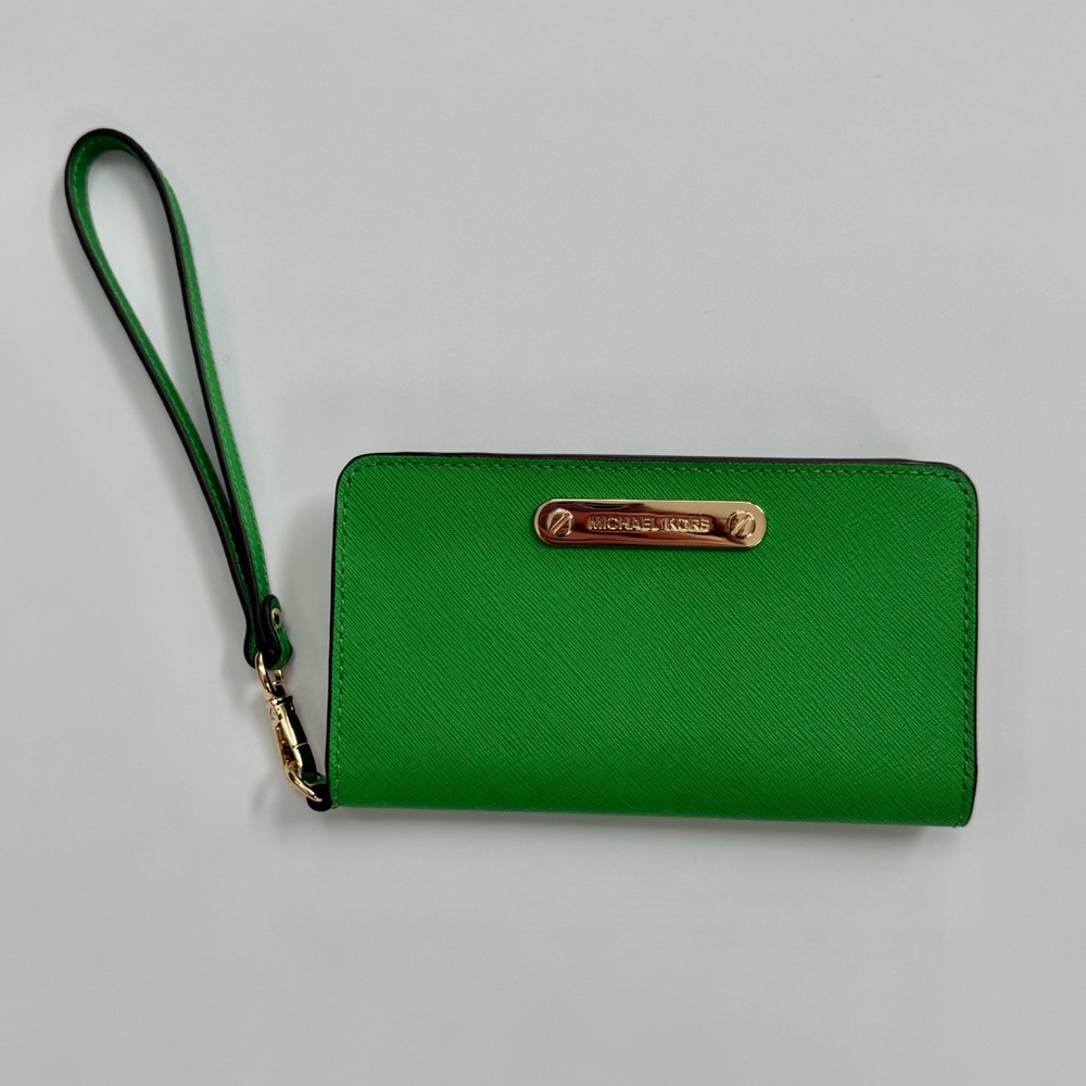 Michael Kors Green Saffiano Zip Wristlet Wallet